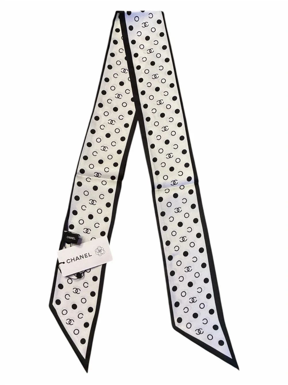ChaneI. White and Black Polka Dot Logo Twilly Scarf/ Muffler